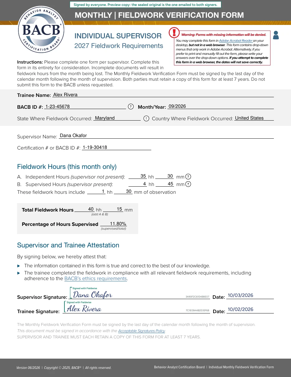 2027 Individual Supervisor Monthly Fieldwork Verification Form filled by Fieldwise and signed by trainee and supervisor